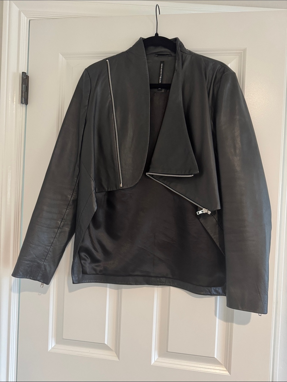 W118 by Walter Baker Black Asymmetric Draped Leather Jacket